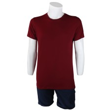 Sıfır Yaka Bordo T-Shirt Yanlar Dikişli İnce Biye Yaka