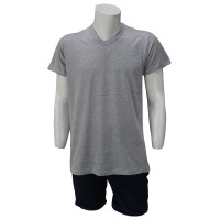 V Yaka Gri T-Shirt Yanları Dikişli Düz Yaka