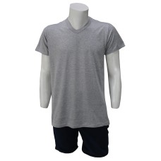 V Yaka Gri T-Shirt Yanları Dikişli Düz Yaka