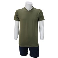 V Yaka Haki T-Shirt Yanları Dikişli Düz Yaka