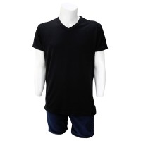 V Yaka Siyah T-Shirt Yanları Dikişli Düz Yaka