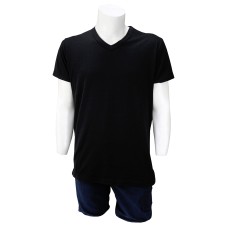 V Yaka Siyah T-Shirt Yanları Dikişli Düz Yaka