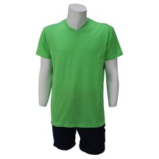 V Yaka Yeşil T-Shirt Yanları Dikişli Düz Yaka