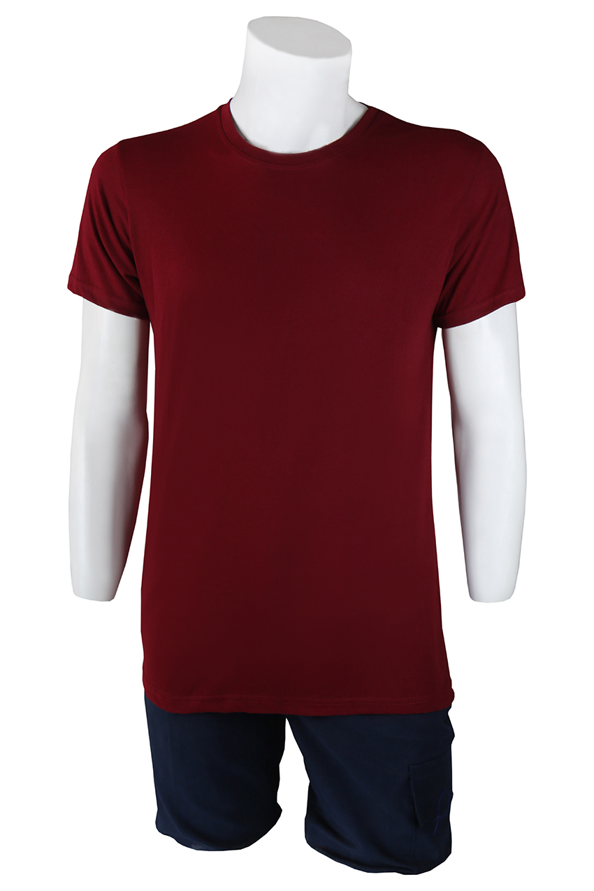 Sıfır Yaka Bordo T-Shirt Yanlar Dikişli İnce Biye Yaka